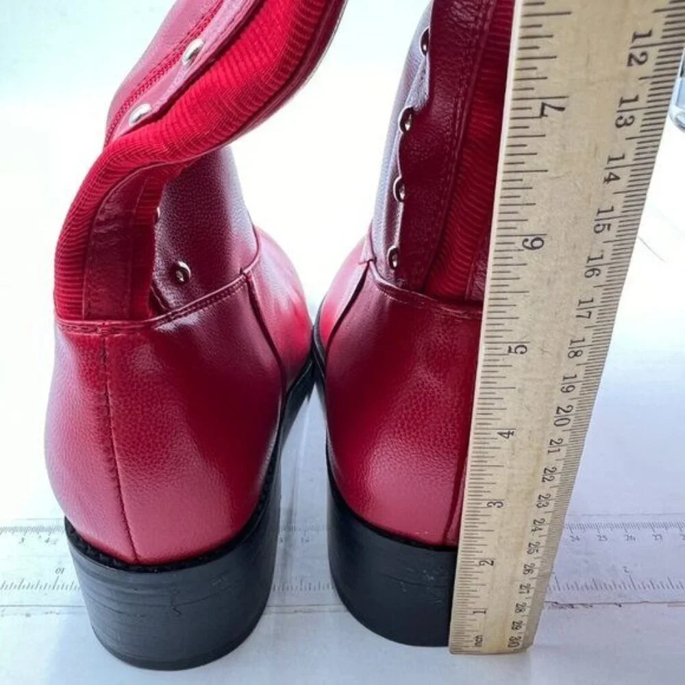 Women Regular Round Toe Flat Riding Knee High Boots Chunky Low Heel Red